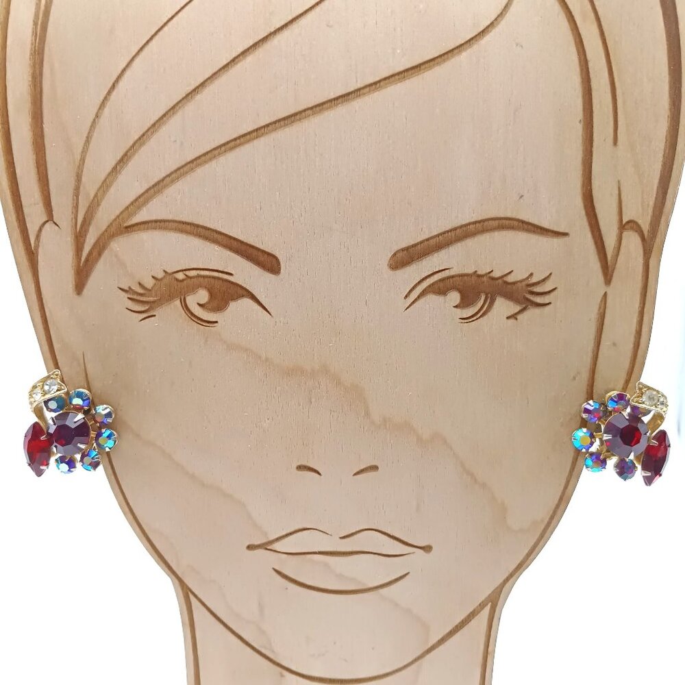 Vintage Bold Glitz Clip-On Earrings, Gold Tone with Red & AB Rhinestones
